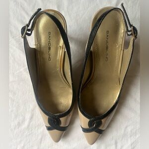 Bandolino Black and Beige Patent Slingback Heels